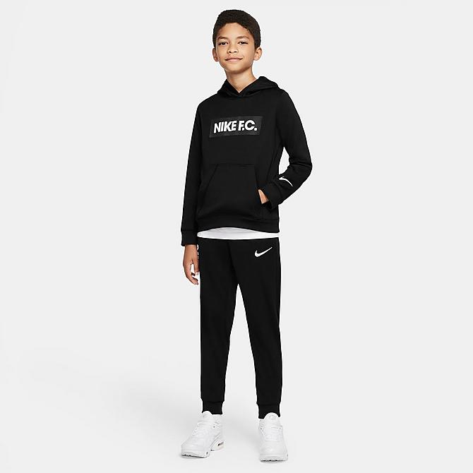 On Model 5 view of Kids' Nike F.C. Soccer Hoodie in Black/White/White Click to zoom
