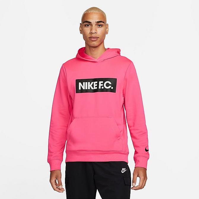 [angle] view of Men's Nike F.C. Dri-FIT Libero Pullover Soccer Hoodie in Hyper Pink/White/Black Click to zoom