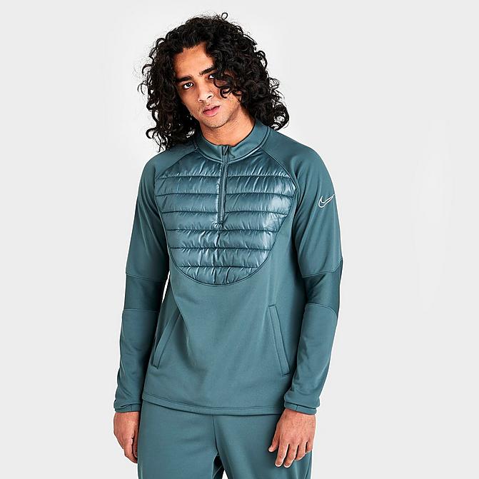 Front view of Men's Nike Therma-FIT Academy Winter Warrior Soccer Drill Top in Mineral Slate/Reflective Silver Click to zoom