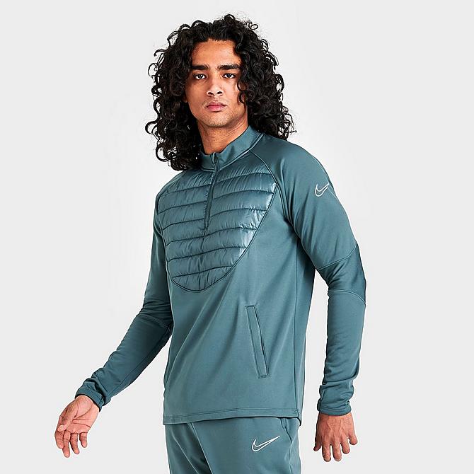 Back Left view of Men's Nike Therma-FIT Academy Winter Warrior Soccer Drill Top in Mineral Slate/Reflective Silver Click to zoom