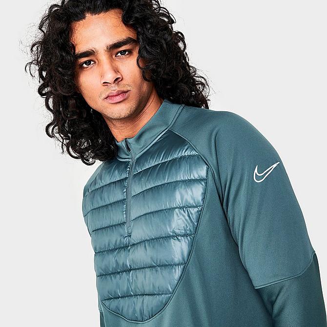 On Model 5 view of Men's Nike Therma-FIT Academy Winter Warrior Soccer Drill Top in Mineral Slate/Reflective Silver Click to zoom