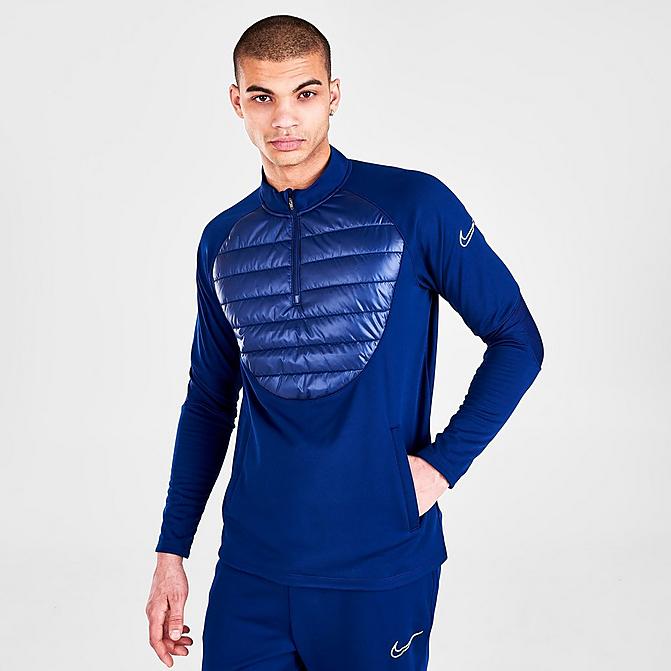 Front view of Men's Nike Therma-FIT Academy Winter Warrior Soccer Drill Top in Blue Void Click to zoom
