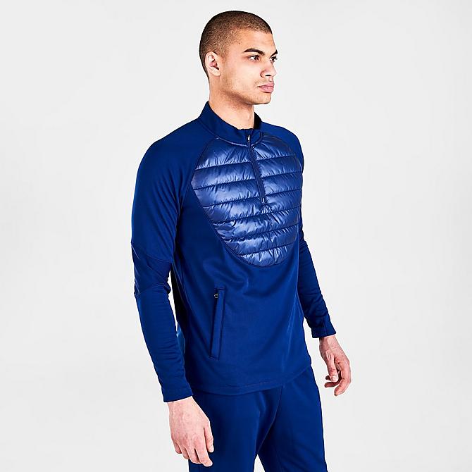 Back Left view of Men's Nike Therma-FIT Academy Winter Warrior Soccer Drill Top in Blue Void Click to zoom