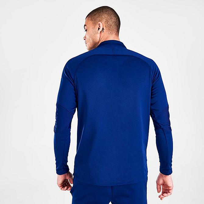 Back Right view of Men's Nike Therma-FIT Academy Winter Warrior Soccer Drill Top in Blue Void Click to zoom
