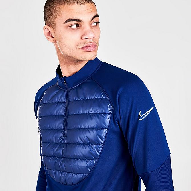 On Model 5 view of Men's Nike Therma-FIT Academy Winter Warrior Soccer Drill Top in Blue Void Click to zoom