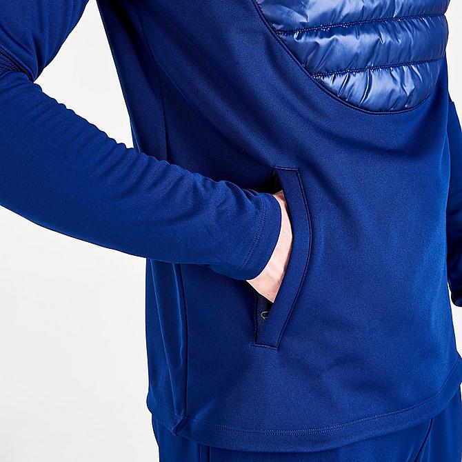 On Model 6 view of Men's Nike Therma-FIT Academy Winter Warrior Soccer Drill Top in Blue Void Click to zoom