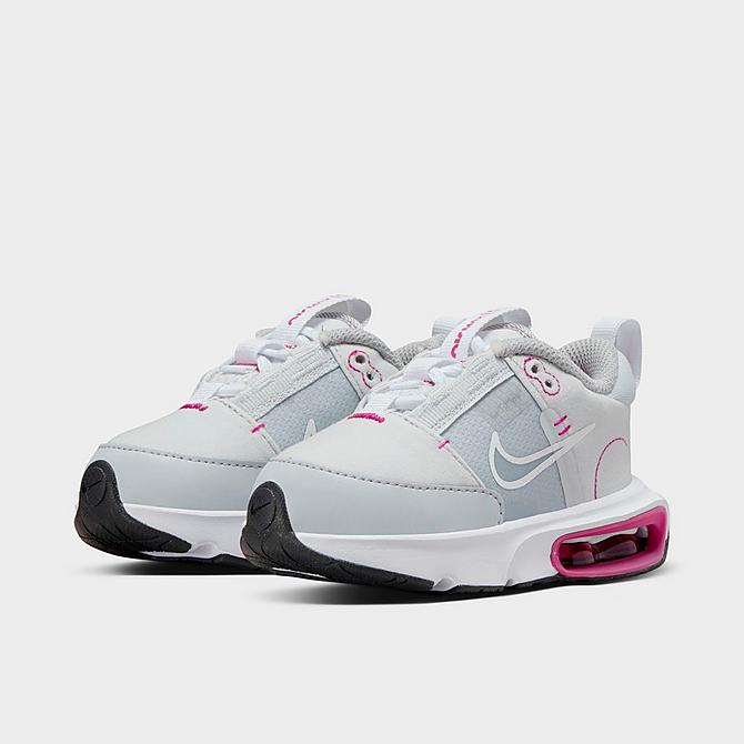 Three Quarter view of Kids' Toddler Nike Air Max INTRLK Stretch Lace Casual Shoes in Pure Platinum/Pink Prime/Light Smoke Grey/White Click to zoom