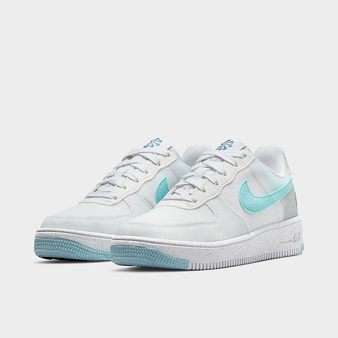 Three Quarter view of Big Kids' Nike Air Force 1 Crater Casual Shoes in White/Copa/Riftblue/Volt Click to zoom