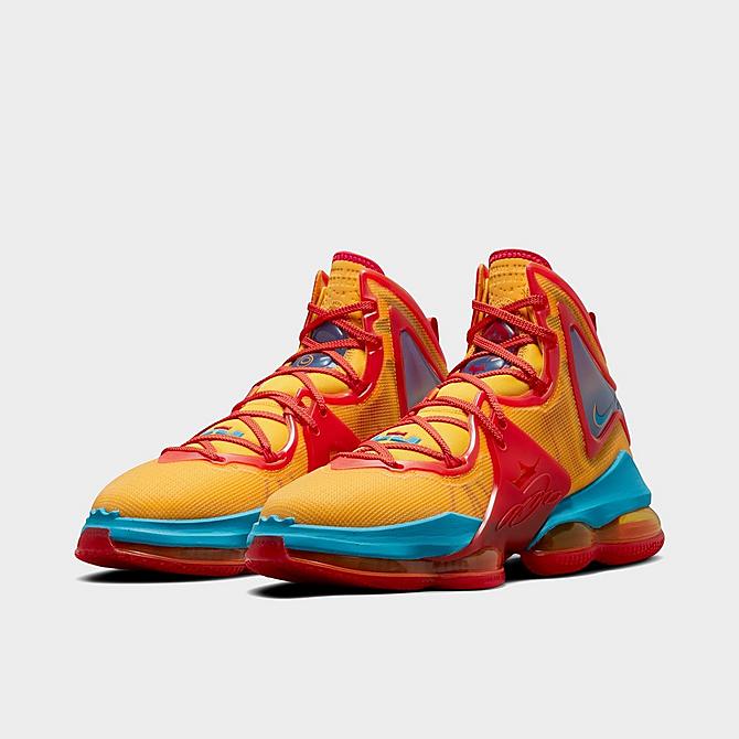 Three Quarter view of Nike LeBron 19 NRG Basketball Shoes in Mantra Orange/University Gold/University Red/Light Blue Fury Click to zoom