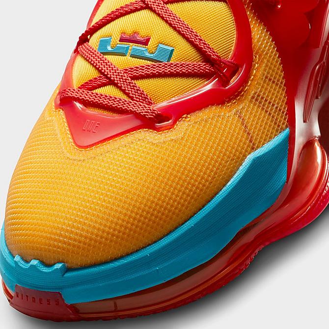 Front view of Nike LeBron 19 NRG Basketball Shoes in Mantra Orange/University Gold/University Red/Light Blue Fury Click to zoom