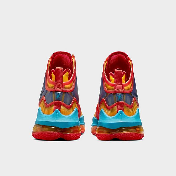 Left view of Nike LeBron 19 NRG Basketball Shoes in Mantra Orange/University Gold/University Red/Light Blue Fury Click to zoom