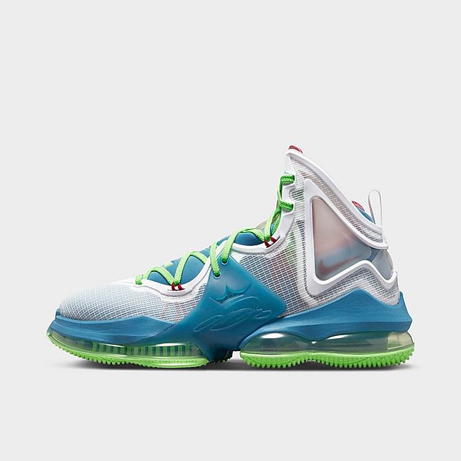 Right view of Nike LeBron 19 Seasonal Basketball Shoes in Dutch Blue/Pomegranate/Lime Glow/White Click to zoom