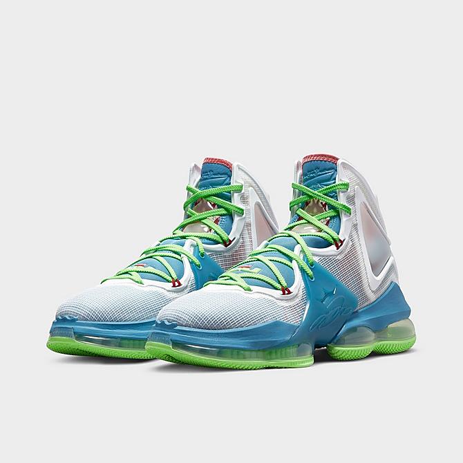 Three Quarter view of Nike LeBron 19 Seasonal Basketball Shoes in Dutch Blue/Pomegranate/Lime Glow/White Click to zoom