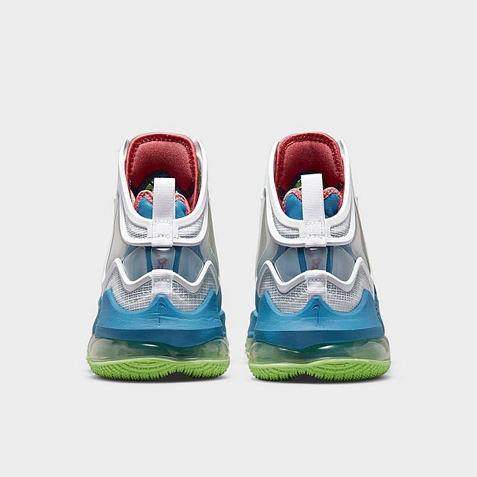 Left view of Nike LeBron 19 Seasonal Basketball Shoes in Dutch Blue/Pomegranate/Lime Glow/White Click to zoom