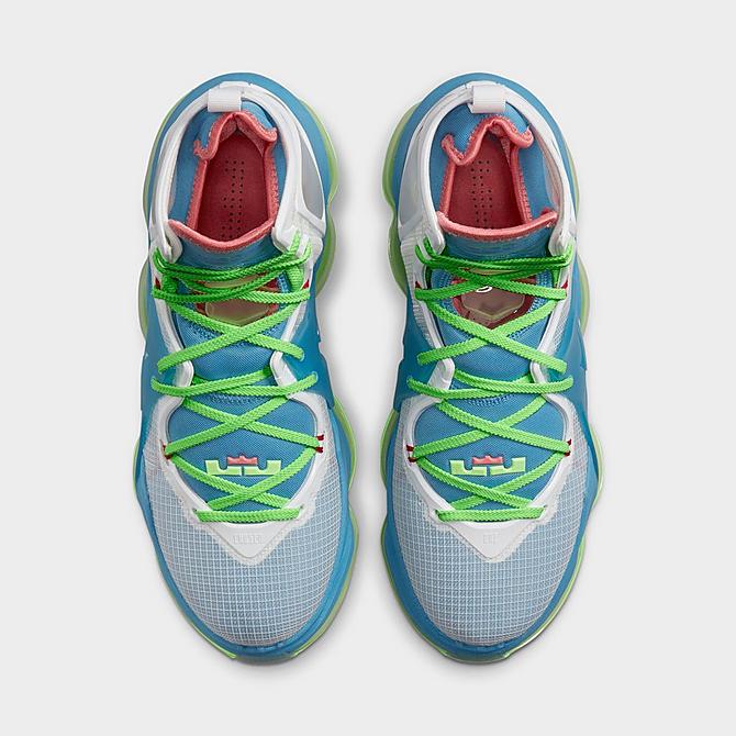 Back view of Nike LeBron 19 Seasonal Basketball Shoes in Dutch Blue/Pomegranate/Lime Glow/White Click to zoom