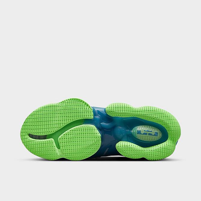 Bottom view of Nike LeBron 19 Seasonal Basketball Shoes in Dutch Blue/Pomegranate/Lime Glow/White Click to zoom