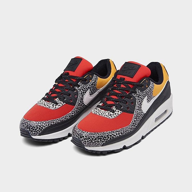 Three Quarter view of Women's Nike Air Max 90 SE Casual Shoes in Black/Phantom/Chile Red/Pollen Click to zoom