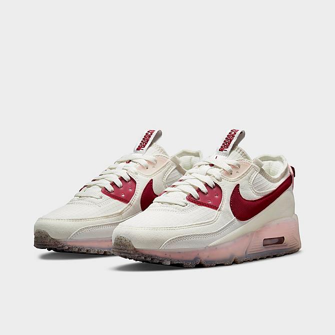 Three Quarter view of Women's Nike Air Max Terrascape 90 Casual Shoes in Summit White/Pomegranate/Pink Glaze Click to zoom