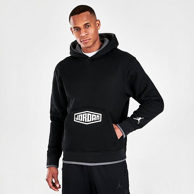 Front view of Men's Jordan Sport DNA Pullover Hoodie in Black/Iron Grey/White Click to zoom