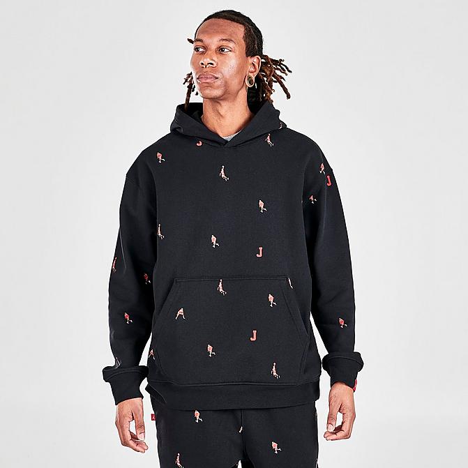 Front view of Men's Jordan Essentials Fleece Pullover Hoodie in Black/Black Click to zoom