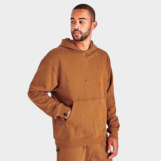 Front view of Men's Jordan Essentials Fleece Pullover Hoodie in Desert Bronze Click to zoom