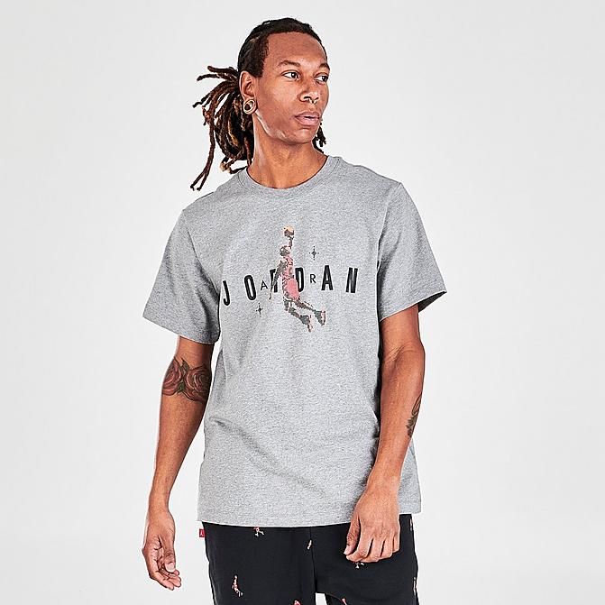 Front view of Men's Jordan Holiday Short-Sleeve T-Shirt in Carbon Heather/Black Click to zoom