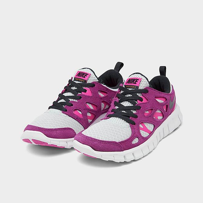 Three Quarter view of Girls' Big Kids' Nike Free Run 2 Running Shoes in Pure Platinum/Sangria/Pink Prime/Black Click to zoom