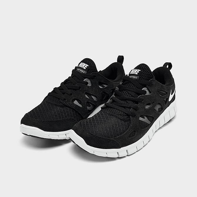 Three Quarter view of Boys' Big Kids' Nike Free Run 2 Running Shoes in Black/White/Dark Grey Click to zoom