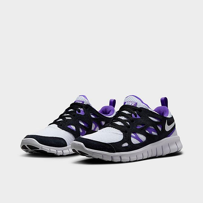 Three Quarter view of Big Kids' Nike Free Run 2 Running Shoes in White/White/Black/Action Grape Click to zoom