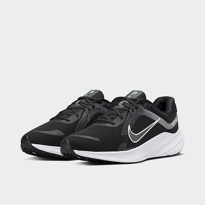 Three Quarter view of Men's Nike Quest 5 Road Running Shoes in Black/Smoke Grey/Dark Smoke Grey/White Click to zoom