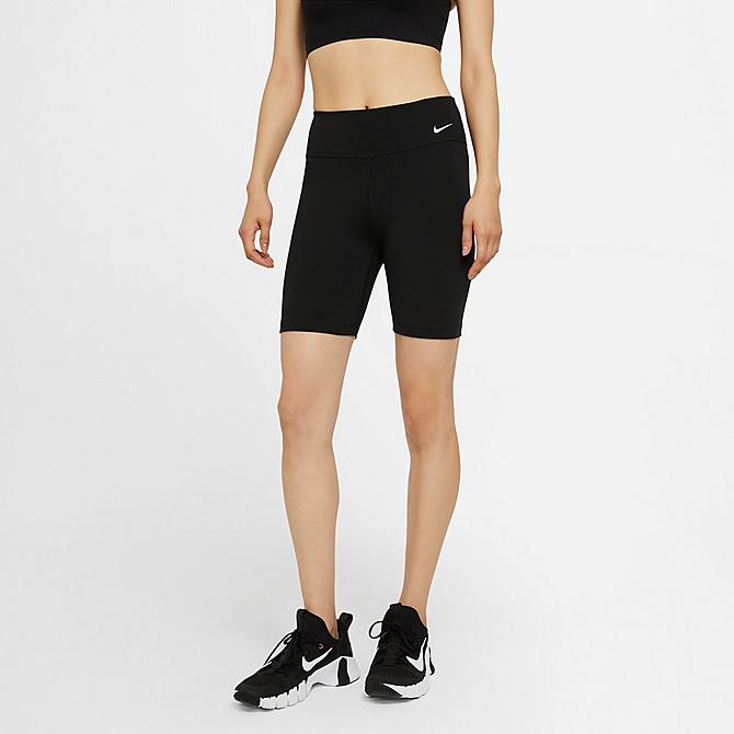 Front Three Quarter view of Women's Nike One Mid-Rise 7 Inch Bike Shorts in Black/White Click to zoom