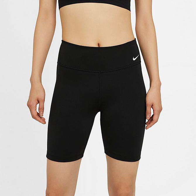 Back Left view of Women's Nike One Mid-Rise 7 Inch Bike Shorts in Black/White Click to zoom