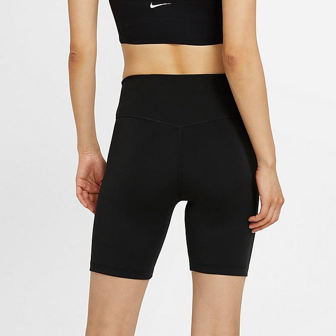 Back Right view of Women's Nike One Mid-Rise 7 Inch Bike Shorts in Black/White Click to zoom