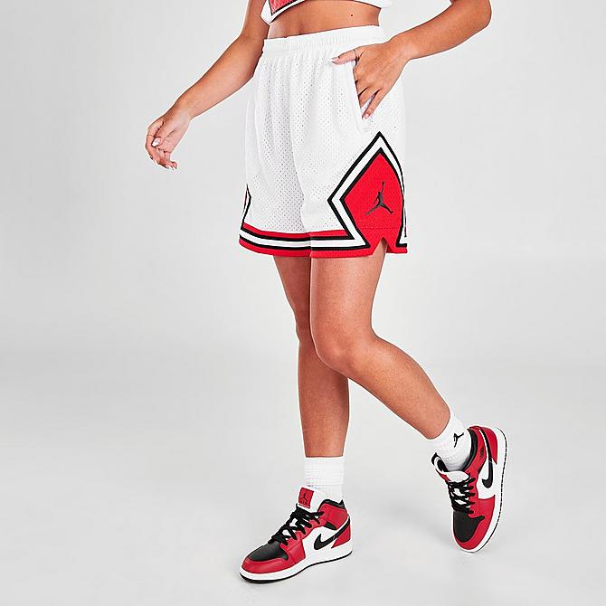 Back Left view of Women's Jordan Essential Diamond Shorts in White/University Red Click to zoom