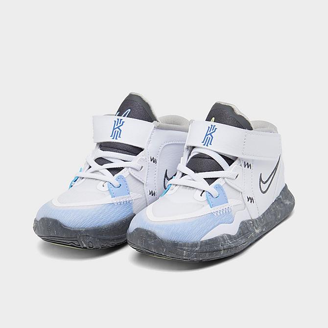 Three Quarter view of Kids' Toddler Nike Kyrie Infinity Basketball Shoes in White/Iron Grey/Light Marine/Medium Blue Click to zoom