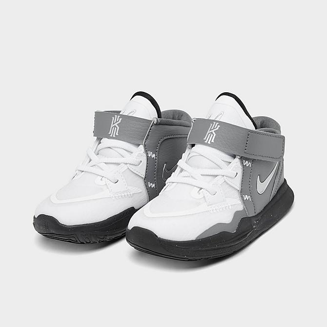 Three Quarter view of Kids’ Toddler Nike Kyrie 8 SE Basketball Shoes in White/Chrome/Smoke Grey/Black Click to zoom