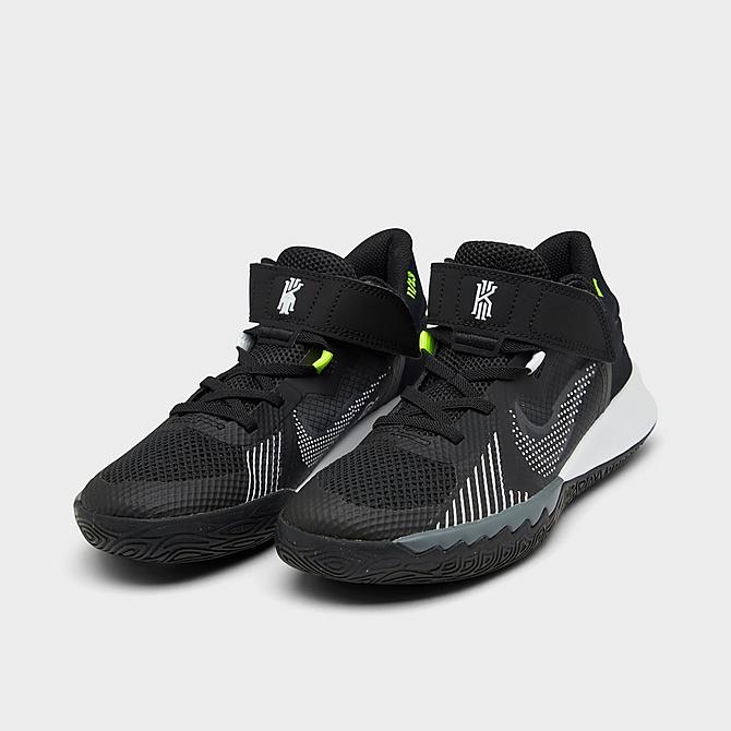 Three Quarter view of Little Kids' Nike Kyrie Flytrap 5 Basketball Shoes in Black/White/Anthracite/Cool Grey/Volt Click to zoom