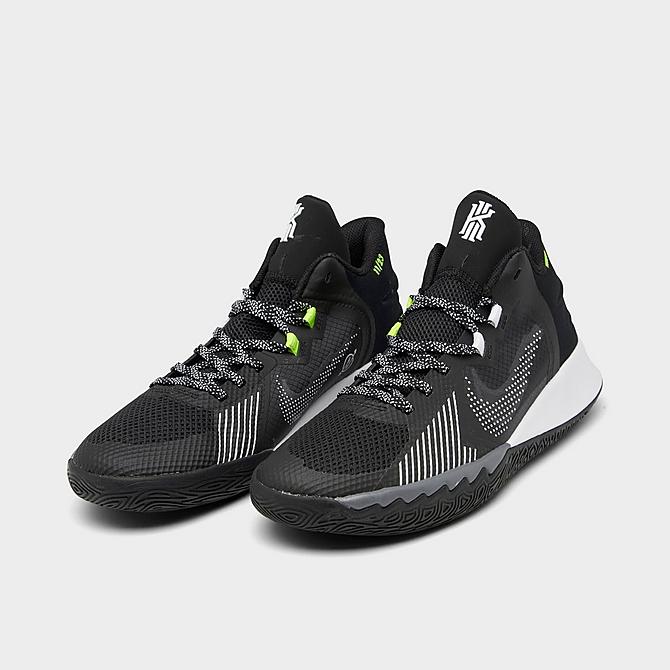 Three Quarter view of Big Kids' Nike Kyrie Flytrap 5 Basketball Shoes in Black/White/Anthracite/Cool Grey/Volt Click to zoom