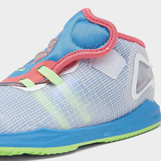 Front view of Kids' Toddler Nike LeBron 19 Basketball Shoes in Dutch Blue/Pomegranate/Lime Glow/White Click to zoom