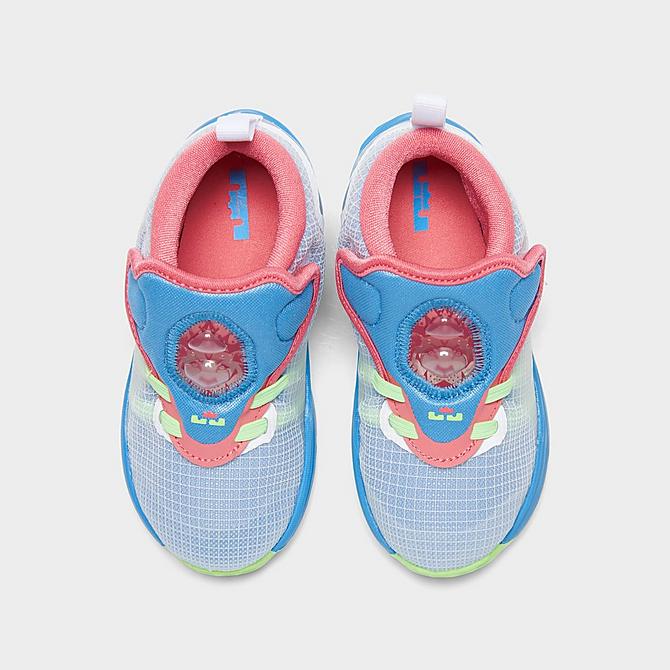 Back view of Kids' Toddler Nike LeBron 19 Basketball Shoes in Dutch Blue/Pomegranate/Lime Glow/White Click to zoom