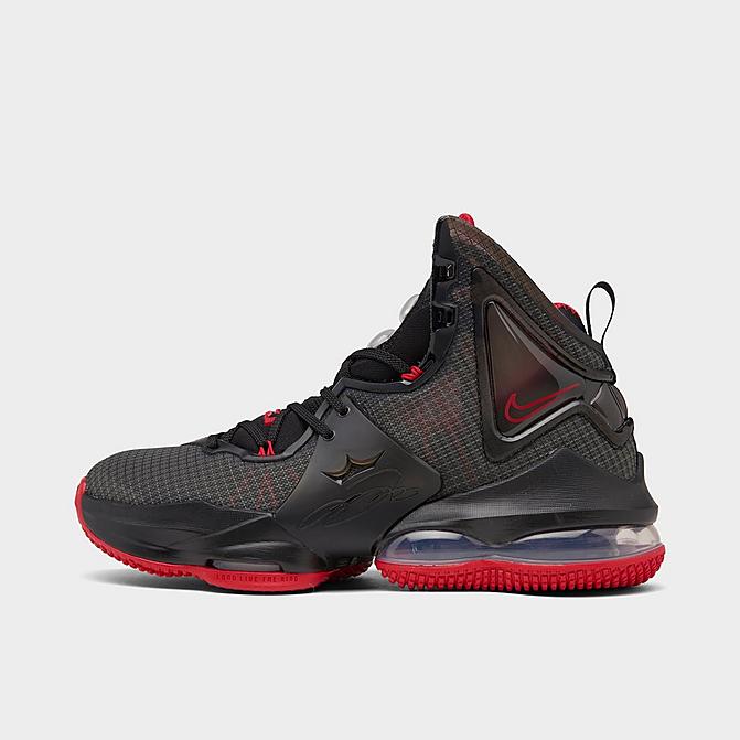 Right view of Big Kids' Nike LeBron 19 Basketball Shoes in Black/Black/University Red Click to zoom