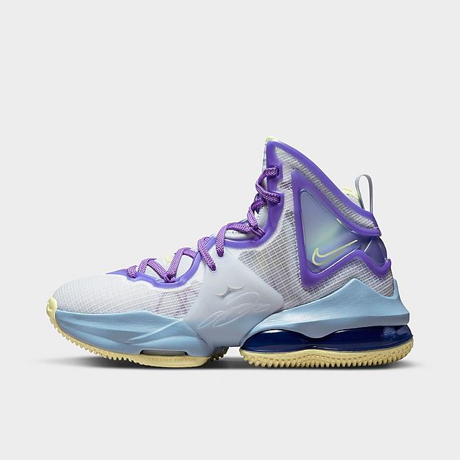 Right view of Big Kids' Nike LeBron 19 Basketball Shoes in Aura/Citron Tint/Worn Blue/Psychic Purple Click to zoom
