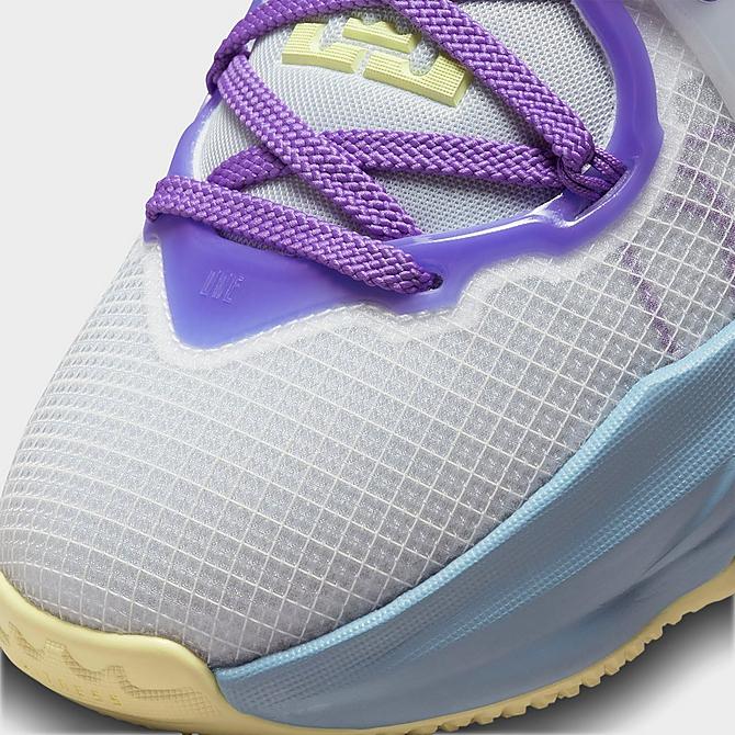 Front view of Big Kids' Nike LeBron 19 Basketball Shoes in Aura/Citron Tint/Worn Blue/Psychic Purple Click to zoom