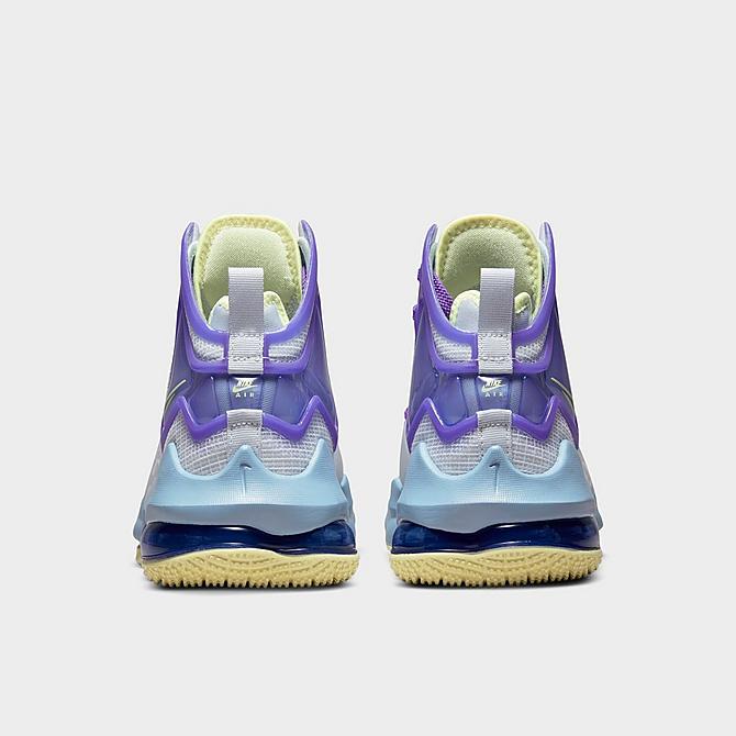 Left view of Big Kids' Nike LeBron 19 Basketball Shoes in Aura/Citron Tint/Worn Blue/Psychic Purple Click to zoom