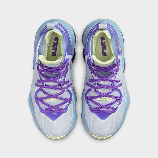 Back view of Big Kids' Nike LeBron 19 Basketball Shoes in Aura/Citron Tint/Worn Blue/Psychic Purple Click to zoom