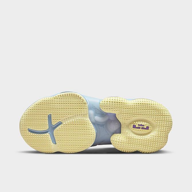 Bottom view of Big Kids' Nike LeBron 19 Basketball Shoes in Aura/Citron Tint/Worn Blue/Psychic Purple Click to zoom
