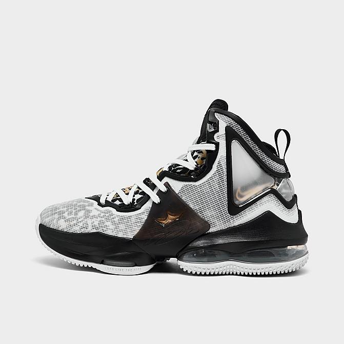 Right view of Big Kids' Nike LeBron 19 SE Basketball Shoes in White/Metallic Gold/Black Click to zoom