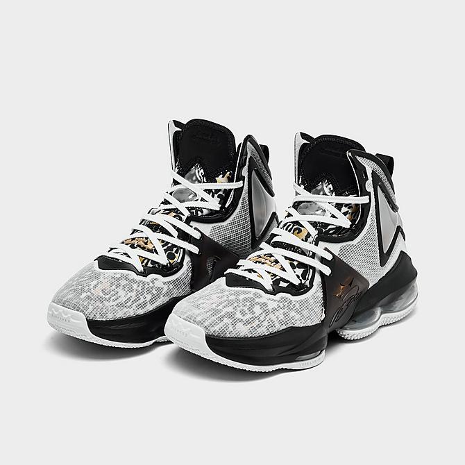 Three Quarter view of Big Kids' Nike LeBron 19 SE Basketball Shoes in White/Metallic Gold/Black Click to zoom