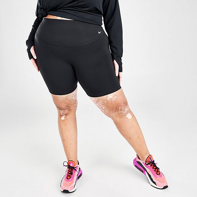 Front Three Quarter view of Women's Nike One Mid-Rise 7 Inch Bike Shorts (Plus Size) in Black/White Click to zoom