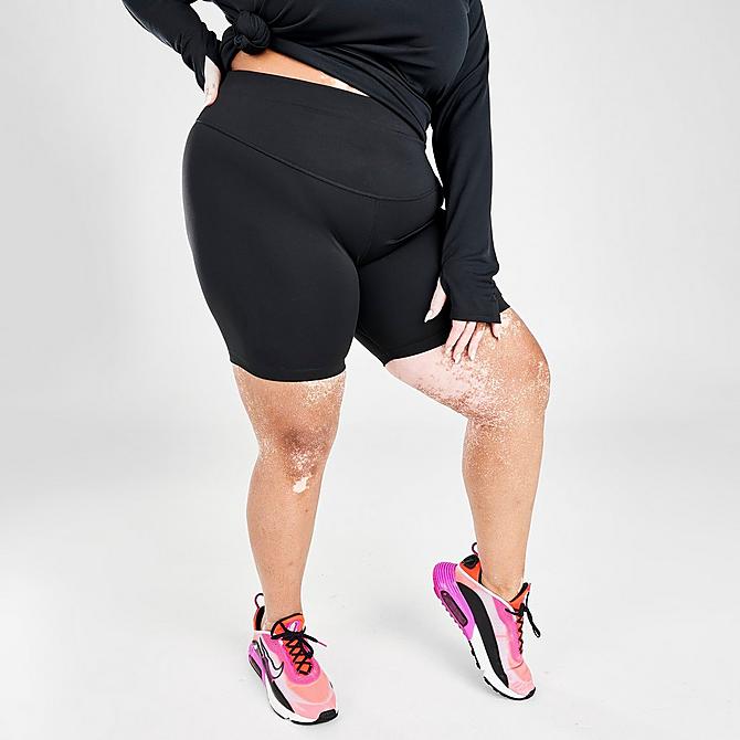 Back Left view of Women's Nike One Mid-Rise 7 Inch Bike Shorts (Plus Size) in Black/White Click to zoom